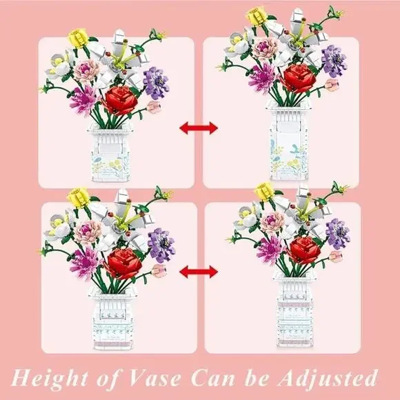 730 Piece Block Flowers Bouquet Building Set, 10 Artificial Flowers, with Vase - Picture 4 of 5